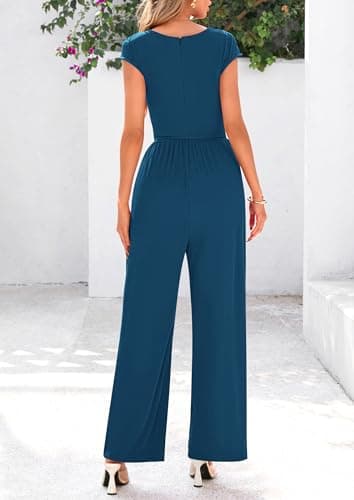 PRETTYGARDEN Summer Jumpsuits for Women Dressy 2025 Ribbed Cap Sleeve Wide Leg Pants Rompers Elegant Casual One Piece Outfits (Lake Blue,Medium) - Image 2
