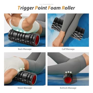 5 in1 Foam Roller Set, Trigger Point Foam Roller, Massage Roller Stick, Massage Ball, Resistance Band for Deep Muscle Massage Pilates Yoga,Fitness Exercise for Whole Body (Black-Red) - Image 3