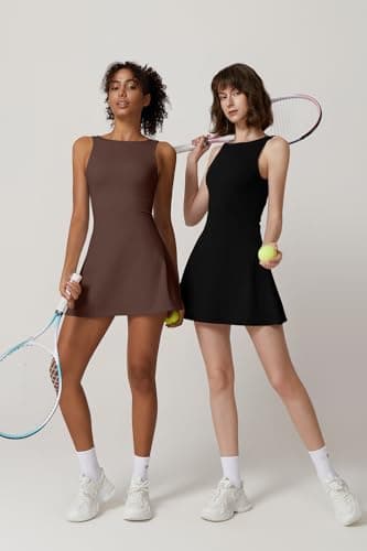 QINSEN Boat Neck Workout Dress for Women Open Back Sleeveless Tennis Dress Built in Shorts Chestnut XL - Image 6