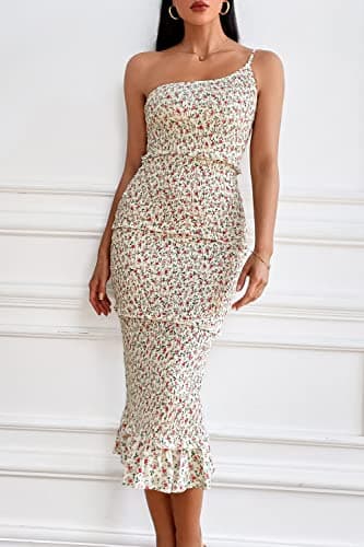 PRETTYGARDEN Women's Summer Midi Bodycon Dresses One Shoulder Strappy Tiered Ruffle Floral Boho Sun Dress (Beige Floral,Small) - Image 7