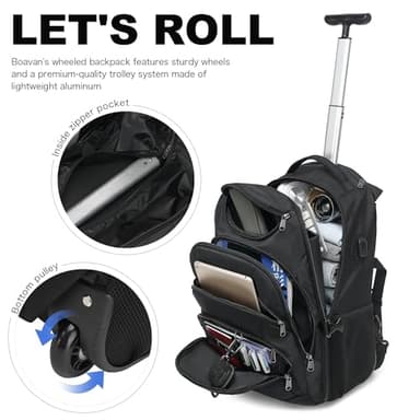 Boavan Rolling Backpack,17 inch Water Resistant Wheeled Backpack,Carry on Luggage Business Bag, Overnight College Computer Trolley Suitcase for Men Women Adults to Travel，Black - Image 6
