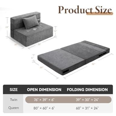 HOMFINE Folding Sofa Bed - Convertible Sleeper Chair with Pillow, Fold Out Couch, Memory Foam Floor Mattress, Futon Couch, Lazy Sofa for Living Room/Dorm/Guest Room/Home Office, Twin, Grey - Image 2