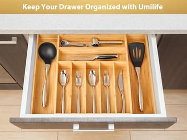 Umilife Large Expandable Kitchen Silverware Utensils Drawer Organizer, 2.5" Extra High Adjustable Drawer Divider with Curved Grooves, Bamboo Wood Cutlery Tray Flatware Holder - Image 6