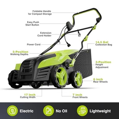 16-Inch Electric Dethatcher and Scarifier, YERYORK 2-in-1 Lawn Dethatcher with Powerful 15 AMP Motor 14.5Gal Collection Bag 5-Position Depth Foldable Handle for Lawns & Garden (Green) - Image 8