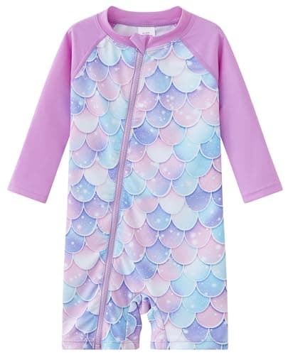 UMELOK Baby Girls' One Piece Swimsuit Infant Swimwear Rash Guard Swim Suit Full Zip with Long Sleeve UPF 50+ Sun Protection Swimsuit Scales-Purple,3Y - Image 1