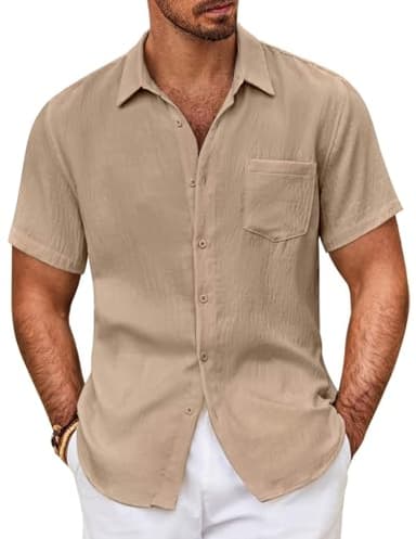 COOFANDY Mens Beach Button Up Shirt Fashion Casual Linen Resort Wear Shirts for Men Light Khaki - Image 1