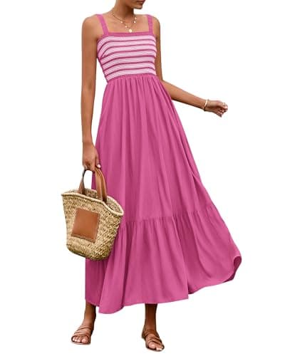 BTFBM Summer Midi Dresses for Women 2025 Spring Sleeveless Square Neck Smocked Flowy Long Beach Vacation Sundress Pocket(Rose Red, Medium) - Image 1