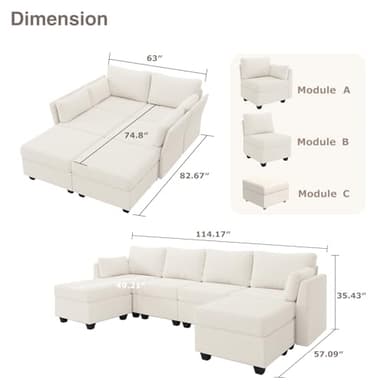 Huatean Home 114.17" Modular Sectional Sofa, 6 Seat Modular Couch with Storage, Memory Foam, Convertible Sectional Couches for Living Room, U Shaped Comfy Modular Sofa with Chaise, Beige - Image 3