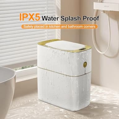 MOPALL Automatic Bathroom Trash Can with Lid, 3.1 Gallon / 13L Smart Motion Sensor Touchless Small Waste Basket, Slim Plastic Garbage Can for Bedroom Kitchen Office Home Toilet, White & Gold - Image 6
