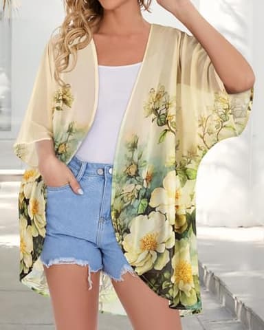 Women's Floral Print Puff Sleeve Kimono Cardigan Loose Cover Up Casual Blouse Tops(Beige White Floral,2XL) - Image 2