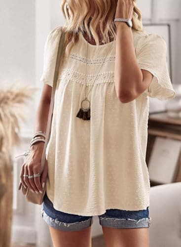 Womens Summer Tops Crewneck Short Sleeve Shirts Casual Chiffon Blouses Flowy Lace Hem Boho Clothing Trendy 2026 - Image 4