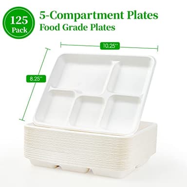 ECOLipak 100% Compostable 5 Compartment Plates, 125 Pack Disposable Paper Plates, Heavy-Duty Biodegradable Sugarcane Plates, Eco-Friendly School Lunch Trays - Image 3