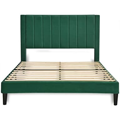 Allewie Queen Bed Frame/Velvet Upholstered Bed Frame with Vertical Channel Tufted Headboard/Strong Wooden Slats/Platform Bed Frame/Mattress Foundation/Box Spring Optional/Easy Assembly/Green - Image 9