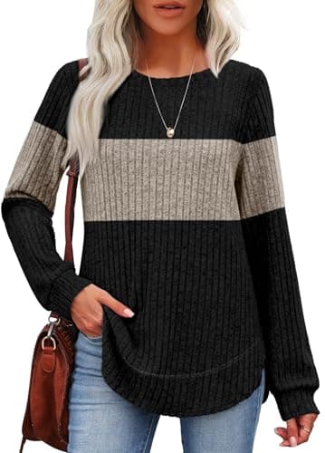OFEEFAN Sweaters for Women Trendy 2025 Womens Tops Long Sleeve Shirts Plus Size Women's Clothing Fall Outfits Fashion Clothing School Outfits Tops for Teachers M Black Beige - Image 2