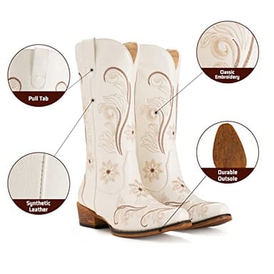 IUV Cowboy Boots For Women Mid Calf Cowgirl Boots Embroidered Pull-On Tabs Snip Toe Boot - Image 3