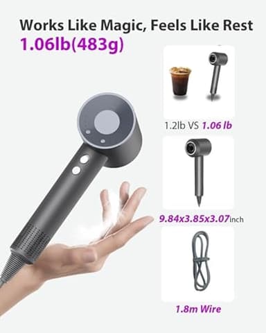 Hair Dryer with Carry Case, 160000 RPM Professional High-Speed Ionic Blow Dryer 200 Millions Negative Ionic&3 Speeds&3 Temps& Low Noise, Hairdryer with diffuser for Faster Drying, No Heat Damage, Gray - Image 8