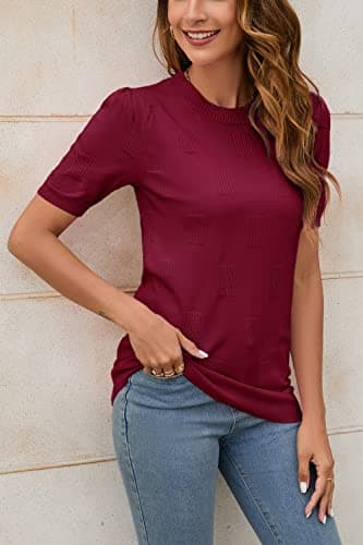 Arach&Cloz Womens Summer Fall Tops 2025 Fashion Short Sleeve Sweater Crew Neck Dressy Teacher Blouse Valentines Wine Burgundy - Image 3