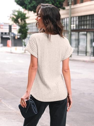 AUTOMET Women Textured Shirts Fall Sweaters Loose Fit Short Sleeve Tunic Tops 2025 Dressy Casual Business Blouses Apricot 3XL - Image 4