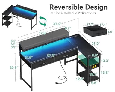 Coleshome 48 Inch L Shaped Gaming Desk with 2 Drawers & Storage Shelves, Computer Desk with USB Ports, Study Writing Table for Bedroom, Simple Modern Laptop Desk for Home Office, Black - Image 3