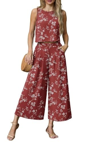 Lepunuo Womens 2 Piece Outfits Summer Boho Sleeveless Crop Top Flowy Wide Leg Pants Matching Sets Vacation Beach Travel Outfits - Image 1