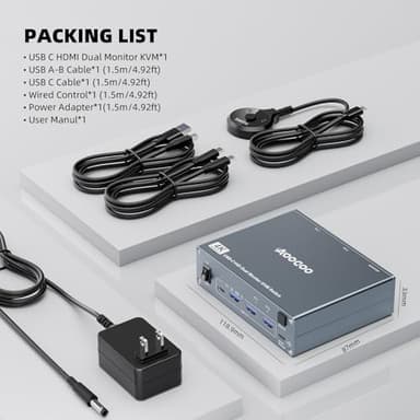 USB C KVM Switch 4K@60Hz,Dual Monitor USB C HDMI KVM Switch for 1 PC and 1 Laptop Sharing 2 Monitor and 4 USB3.0 Devices, PD Power for Laptop with Wired Remote Control and USB Cables Included - Image 9