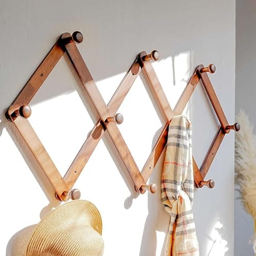 Dseap Expandable Coat Rack (Larger Version) - 24” High, Anti-Slip, Ultra Heavy Duty Wooden Accordian Wall Hanger with 10 Study Peg Hooks for Clothing Hats Jackets Bags, Brown - Image 1