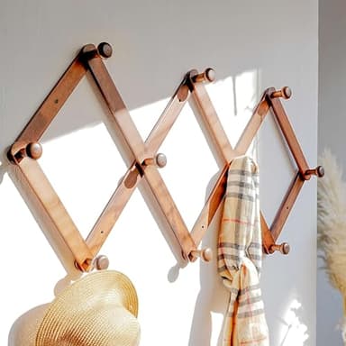 Dseap Expandable Coat Rack (Larger Version) - 24” High, Anti-Slip, Ultra Heavy Duty Wooden Accordian Wall Hanger with 10 Study Peg Hooks for Clothing Hats Jackets Bags, Brown - Image 1