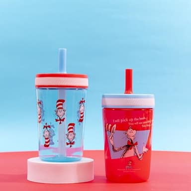 Zak Designs Dr. Seuss Kelso Toddler Cups For Travel or At Home, 15oz 2-Pack Durable Plastic Sippy Cups With Leak-Proof Design is Perfect for Kids (The Cat in the Hat) - Image 2