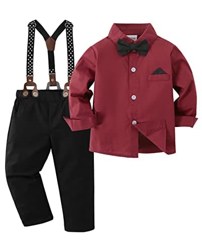 DISAUR Boys Wedding Guest Outfit Short Sleeve White Flower Dress Shirt Bow Tie Suspender White Plaid Pants Back To School Gentleman Clothing 5t 5-6 Years - Image 1