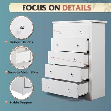 WLIVE White 5 Drawer Wood Dresser, Wooden Chest of Drawers for Bedroom, Storage Cabinet and Organizer Drawers for Living Room, Hallway, Closet, Measuring 15.75" W*31.50" D*45.35" H - Image 5