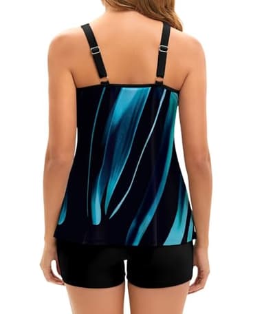 Plus Size Tankini Sun Protect Long Torso Tankini Sets Swimsuits for Women Blue Oblique Stripes Swimsuit 20W - Image 3