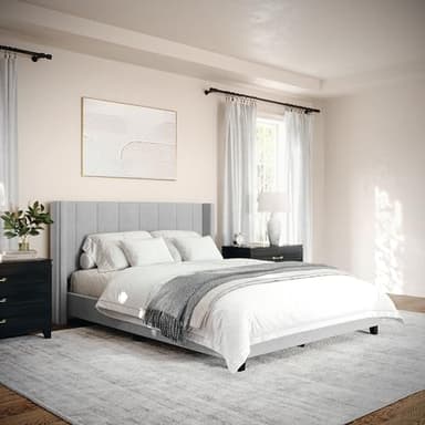 Martha Stewart Kay Low Profile Platform Bed with Wingback Headboard, Channel Stitched Faux Linen Upholstery, No Box Spring Needed, Queen, Gray - Image 6