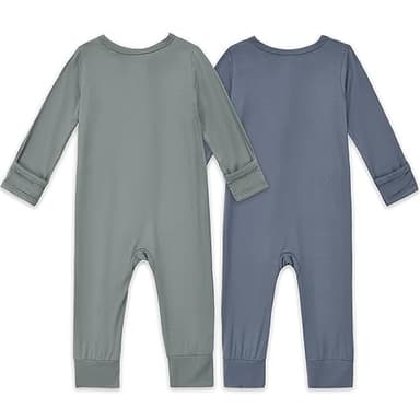 Aablexema Baby Footless Pajamas Zipper with Mitten, Rayon from Bamboo, Infant Long Sleeve Romper Pjs(Olive & Moonlight Blue,18-24m) - Image 4