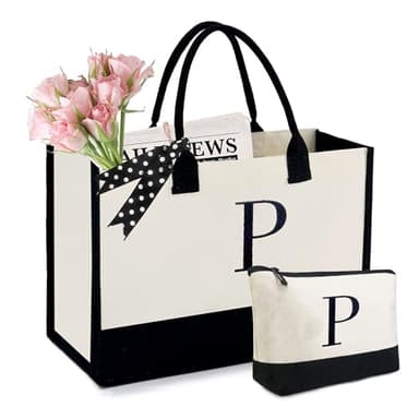 BeeGreen Personalized-Gifts-Bag-for Women Mother Hostess Friends Birthday Wedding Bridesmaid Valentine's Day Initial Canvas Tote Bag with Comestic Bag Monogram Tote Bags Letter P - Image 1