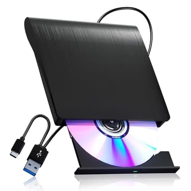 juwuoi External CD/DVD Drive for Laptop PC CD DVD Player USB 3.0 Portable Optical Drive CD Burner Compatible with Windows 10 11 Linux Mac OS (Black) - Image 1