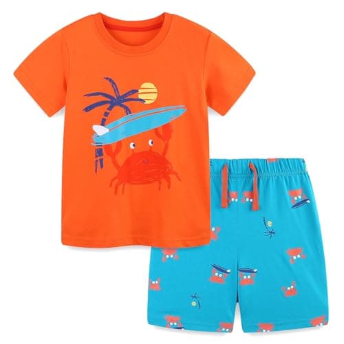 Little Boy Spring Summer Clothes Spring Summer Cotton Short Sleeve T-Shirt And Shorts Outfits Clothing Set Surfboard/Crab Size 7 - Image 1