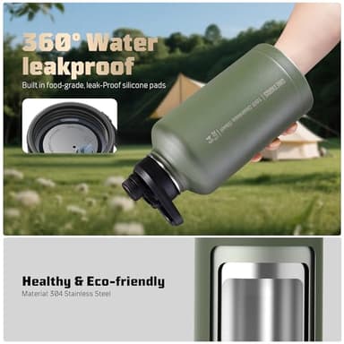 ONETIGRIS Tactical Half Gallon Water Bottle with Straw - 64 oz Vacuum Insulated Stainless Steel Water Jug, Leakproof Sport Bottle with 3 BPA Free Lids, Paracord Handle & MOLLE Water Pouch for Outdoor - Image 3