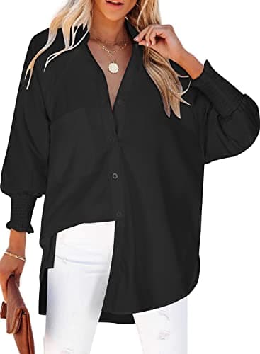 Womens Smocked Cuffed Solid Boyfriend Shirt Casual Collar Long Sleeve Oversized Button Down Blouse Tops with Pocket Shirred - Image 1