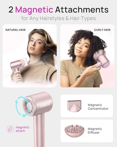 Hair Dryer, High-Speed Ionic Low Noise Blow Dryer with Brushless Motor for Fast Drying, Thermo-Control Quiet Compact Hair Blow Dryer with Magnetic Diffuser for Curly Hair for Home Travel Salon - Image 5