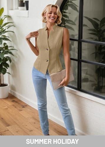 Mina self Sleeveless Vest Blazers For Women 2025 Summer Brown Womens Vest Top Lightweight Petite Fitted Cute Casual Fashion Dressy Trendy Light Weight Deconstructed Blazer Suit Vests Set Tops - Image 2