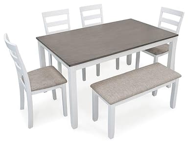 Signature Design by Ashley Stonehollow Modern Farmhouse Dining Table with Upholstered Chairs and Bench, Set of 6, White & Gray - Image 8