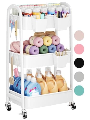 3 Tier Rolling Cart Metal with Wheels, Heavy Duty White Three Tiered Craft Cart Organizer on Wheels, Utility Roller Storage Carts for Art, Baby Nursery, Diaper Caddy, Snack,Book,Nail,Cleaning Supplies - Image 1