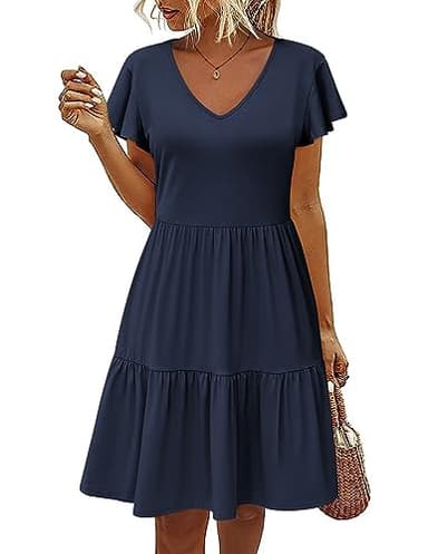 HOTOUCH Casual Navy Blue Dress for Womens Tiered Dresses for Summer Cute Pleated Dress with Side Pockets Ruffle Hem V Neck Loose Swing Dress Navy Blue Medium - Image 1