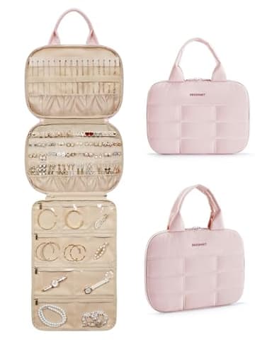 BAGSMART Travel Jewelry Case, Hanging Jewelry Organizer with Zipper Pockets, Large Capacity Puffy Jewelry Roll for Earrings, Necklaces, Rings on Closet, Wall, Door, Portable Travel Essentials, Pink - Image 1