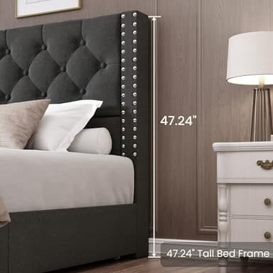 LARMACE Queen Size Bed Frame with 4 Storage Drawers and Tufted Headboard Linen Upholstered Platform Bed Frame with Heavy Duty Wood Slats, No Box Spring Needed, Easy Assembly, Grey - Image 9