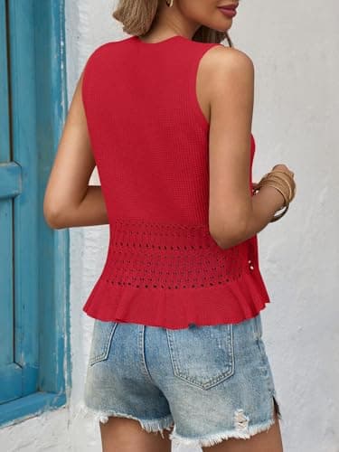 Saodimallsu Womens Crochet Crop Tank Tops Sleeveless Crew Neck Ruffle Summer Boho Knit Sweater Vest Red - Image 6