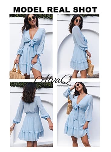 AlvaQ Women Dress 2025 Spring Fall Long Sleeve Mini Dress Summer Sexy V Neck Knot Front Sundress Sky Blue Medium - Image 5