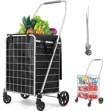Shopping Cart with 360° Rolling Swivel Wheels, Portable Utility Cart for Grocery, Folding Shopping Cart with Waterproof Basket Liner, Collapsible Cart 120lbs, Sliver - Image 1