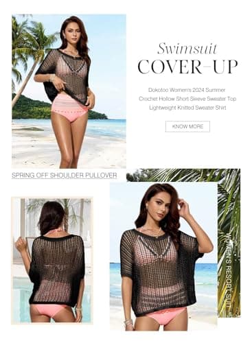 Dokotoo Womens Juniors Spring Summer Crochet Hollow Out Sweaters Tops Resort Wear for Women 2025 Round Neck Short Sleeve Pullover Shirt Lightweight Knit Tops Blouse Black Medium - Image 5