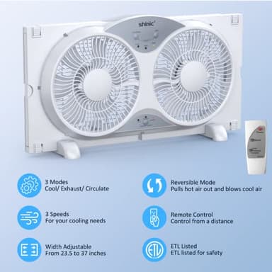 shinic 9" Twin Window Fan with Reversible Airflow, Removable Cover and Bug Screen, Remote Control, 3 Functions-3 Speeds, Width Adjustable (23.5" to 37"), Bathroom Kitchen Window Fan ETL Certified - Image 3